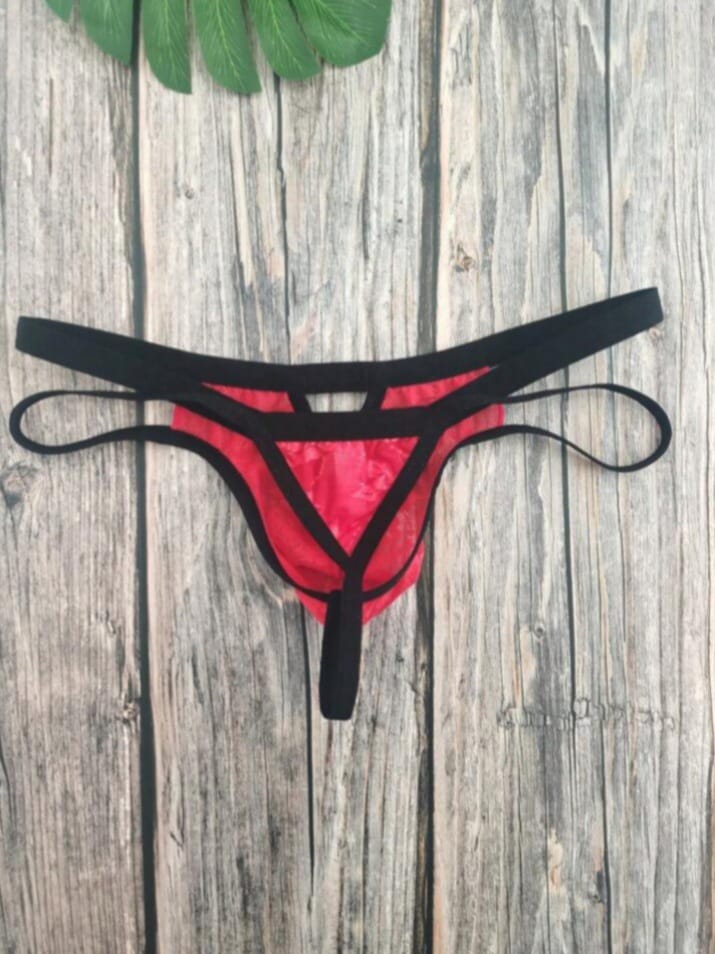 Domige 1 PC Sexy Red Jacquard Mesh Hollow Out Men's Erotic G-String Underwear